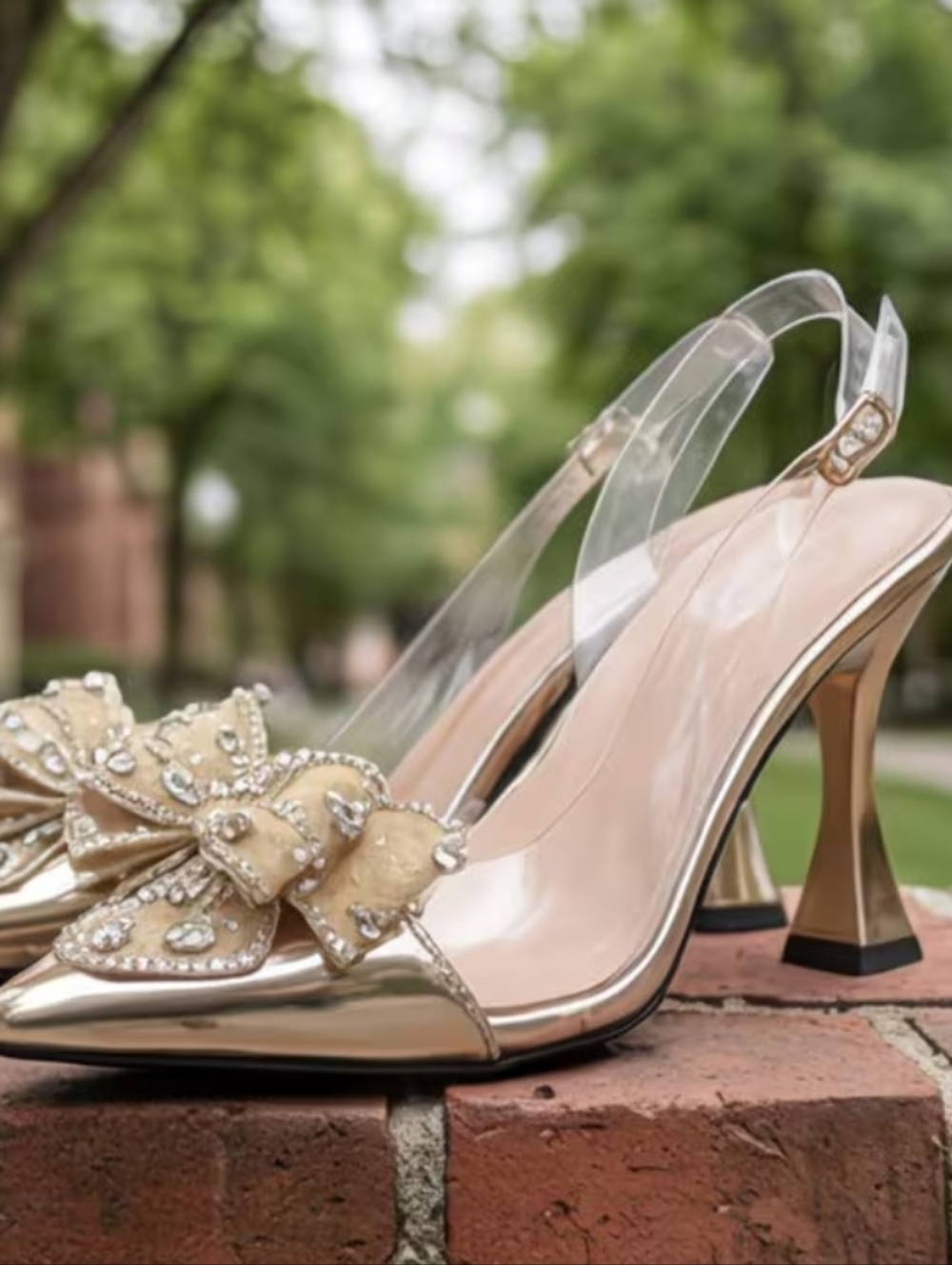 Gold Clear Slingback Heels with Rhinestone Bow Accent